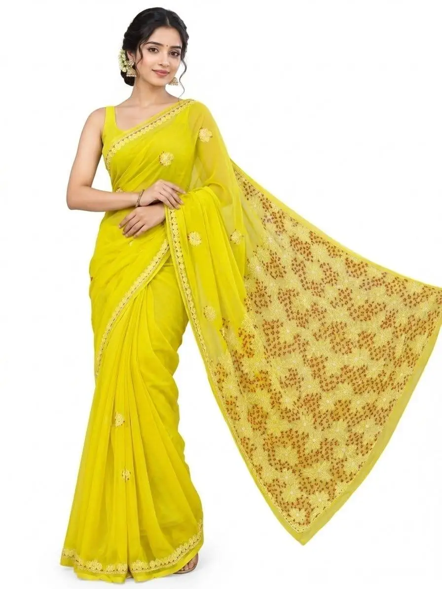 LCF CHIKAN EMBROIDERY COLOUR THREAD WITH SIQUANCE WORK CHIFFON SAREE - YELLOW view 2