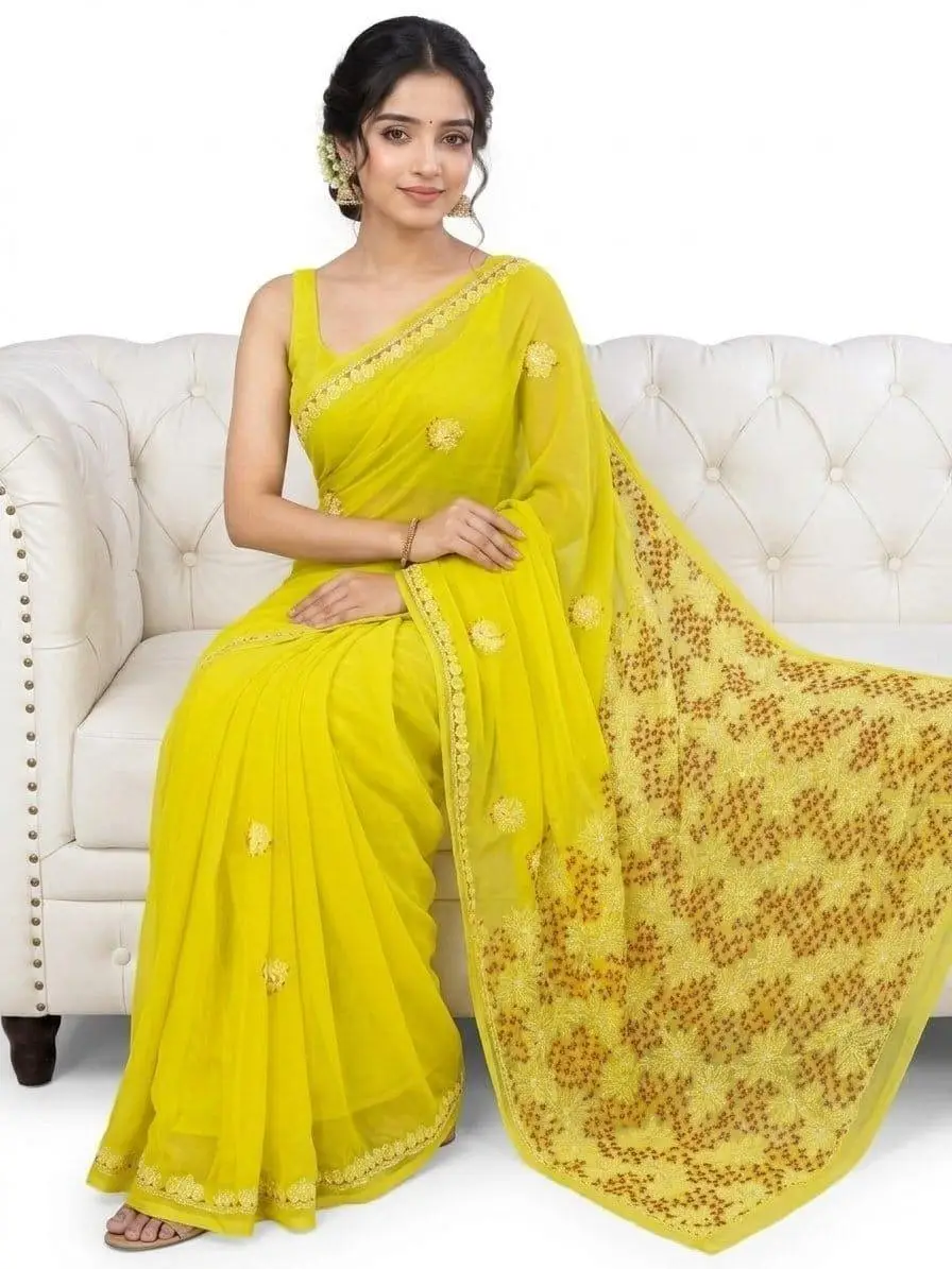 LCF CHIKAN EMBROIDERY COLOUR THREAD WITH SIQUANCE WORK CHIFFON SAREE - YELLOW view 3