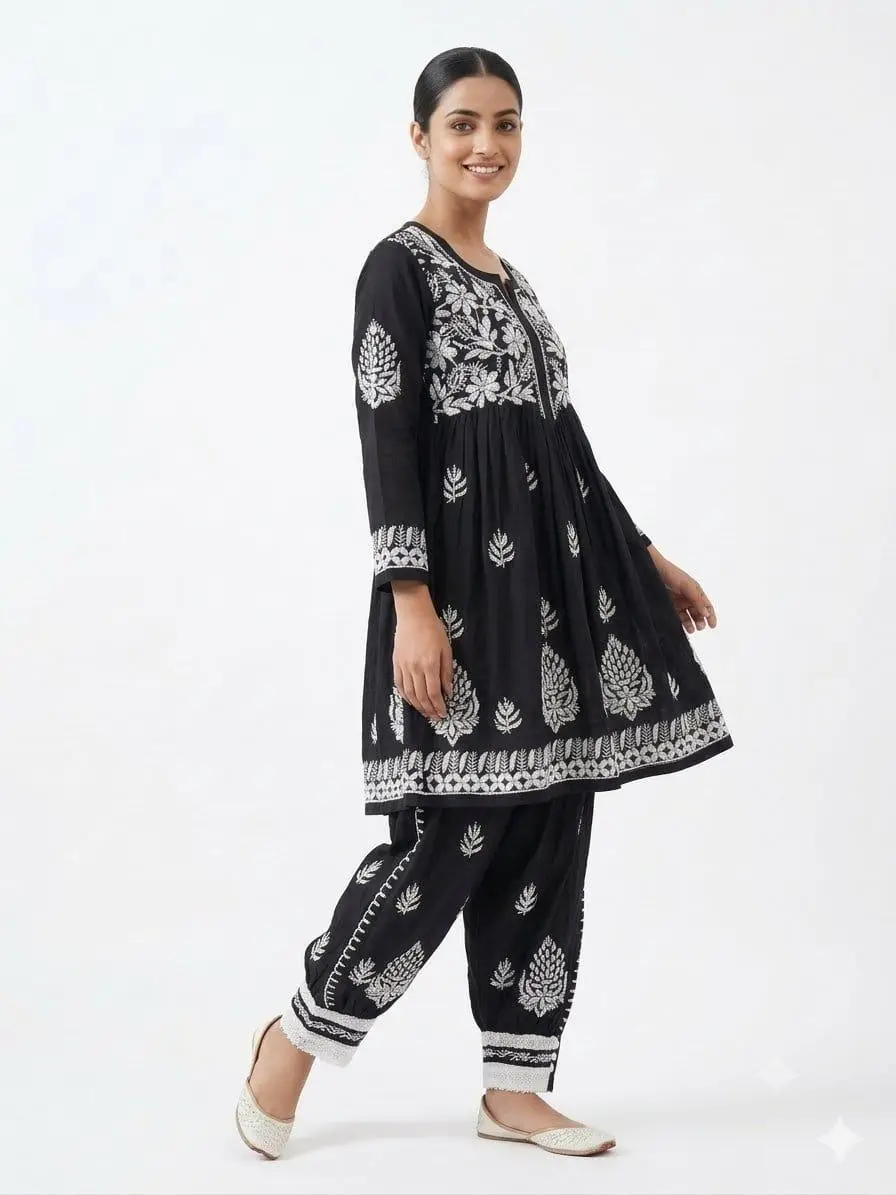 LCF CHIKAN EMBROIDERY MUSLIN AFGANI SET - BLACK view 2