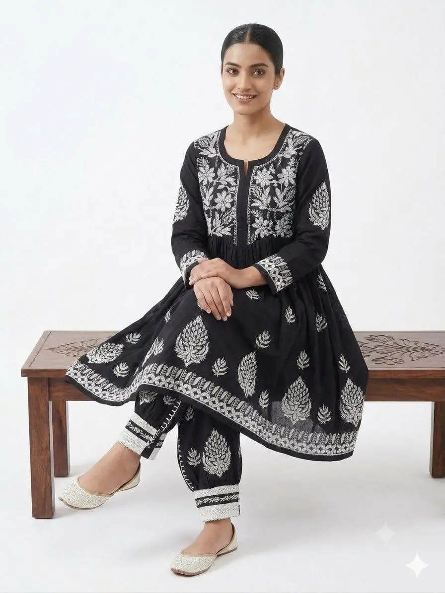 LCF CHIKAN EMBROIDERY MUSLIN AFGANI SET - BLACK view 3