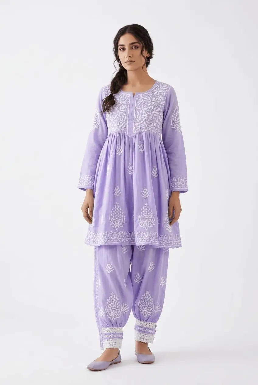 LCF CHIKAN EMBROIDERY MUSLIN AFGANI SET - LAVENDER