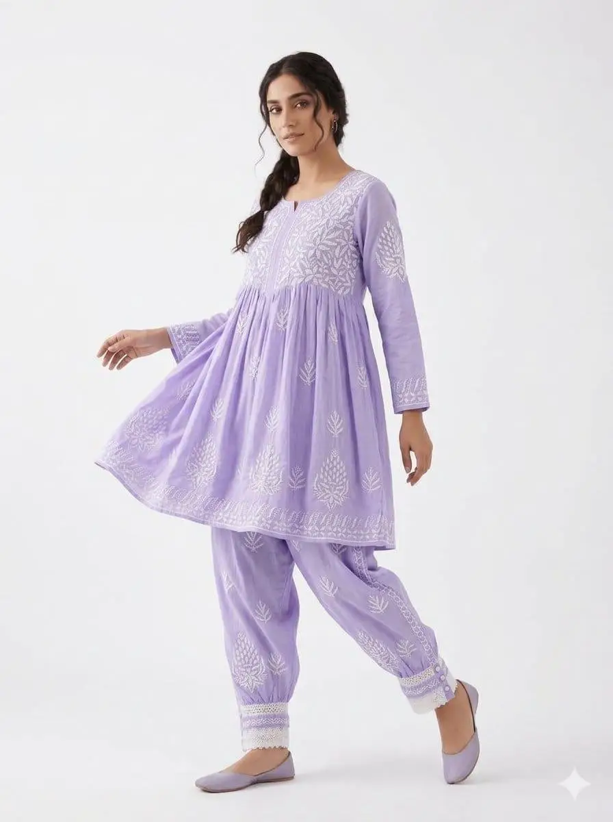 LCF CHIKAN EMBROIDERY MUSLIN AFGANI SET - LAVENDER view 2