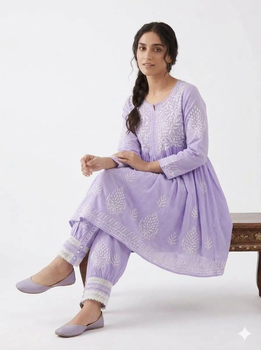 LCF CHIKAN EMBROIDERY MUSLIN AFGANI SET - LAVENDER view 3