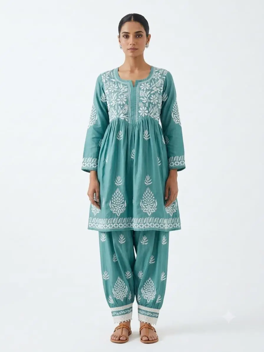 LCF CHIKAN EMBROIDERY MUSLIN AFGANI SET - LIGHT SEA GREEN