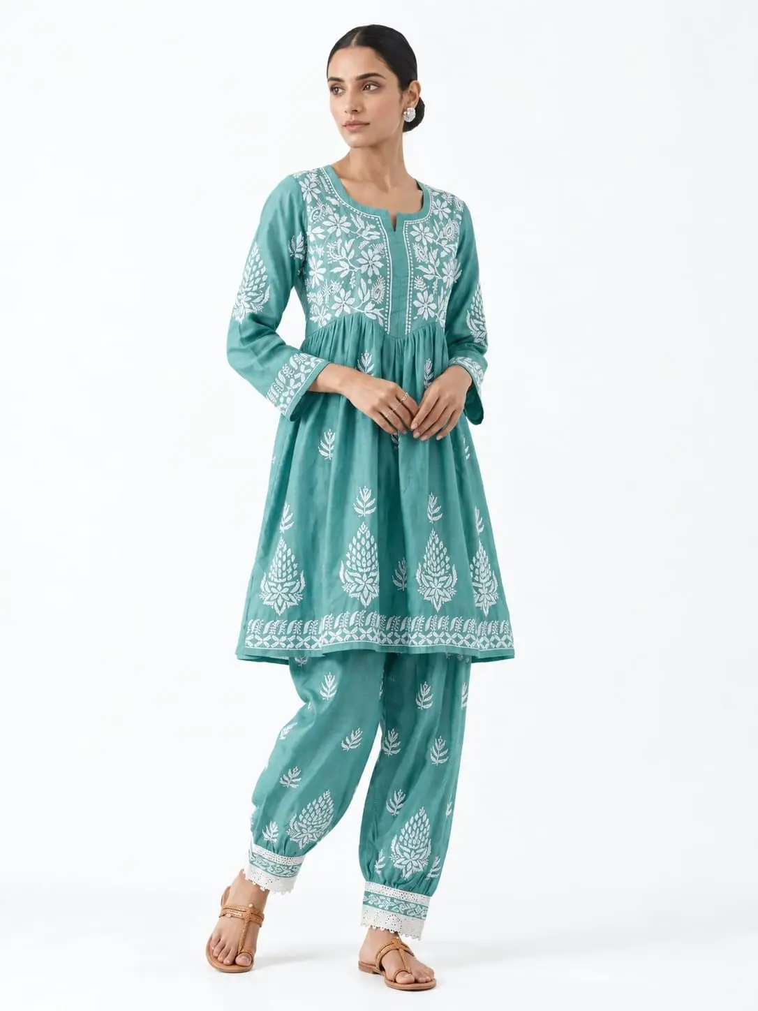 LCF CHIKAN EMBROIDERY MUSLIN AFGANI SET - LIGHT SEA GREEN view 2