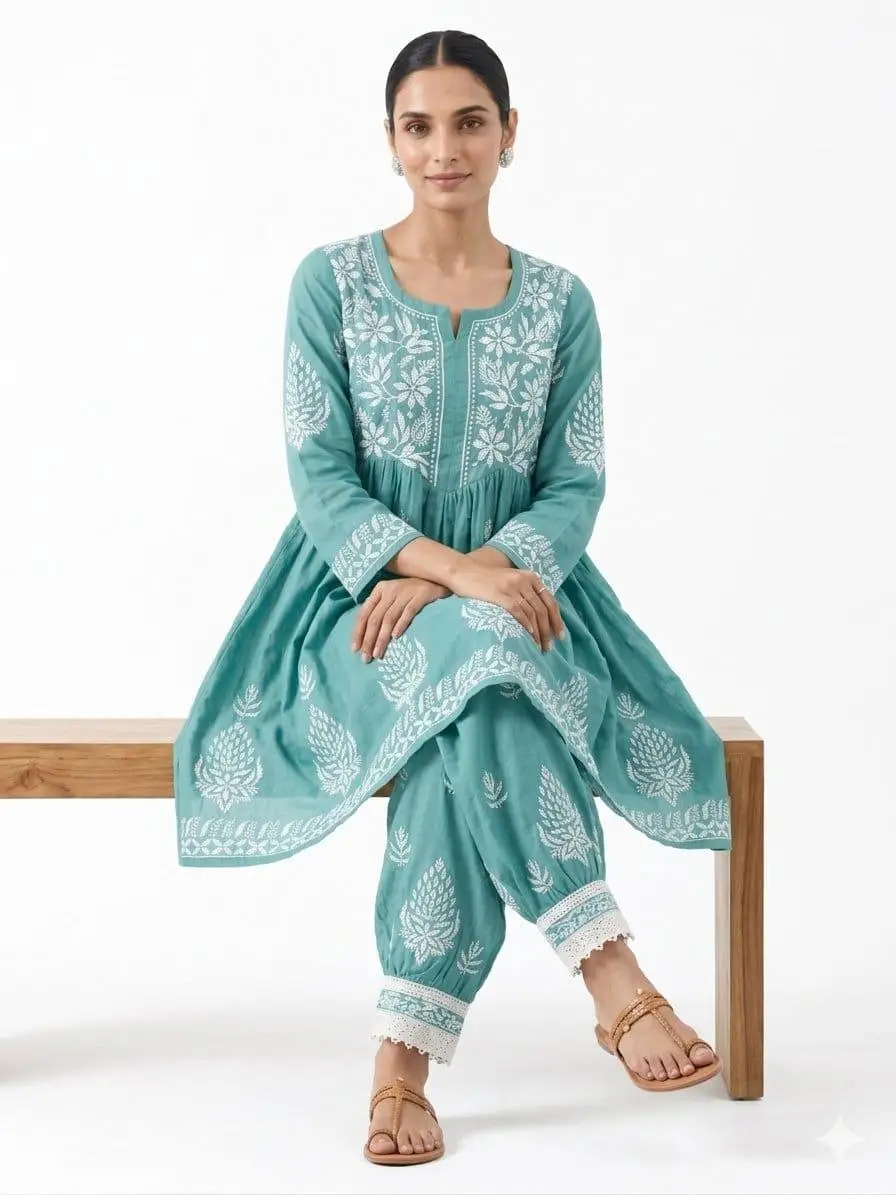 LCF CHIKAN EMBROIDERY MUSLIN AFGANI SET - LIGHT SEA GREEN view 3