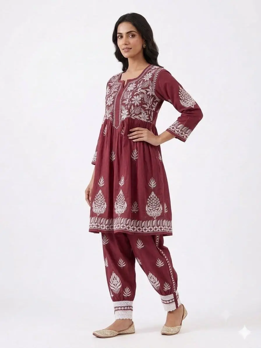 LCF CHIKAN EMBROIDERY MUSLIN AFGANI SET - MAROON view 2