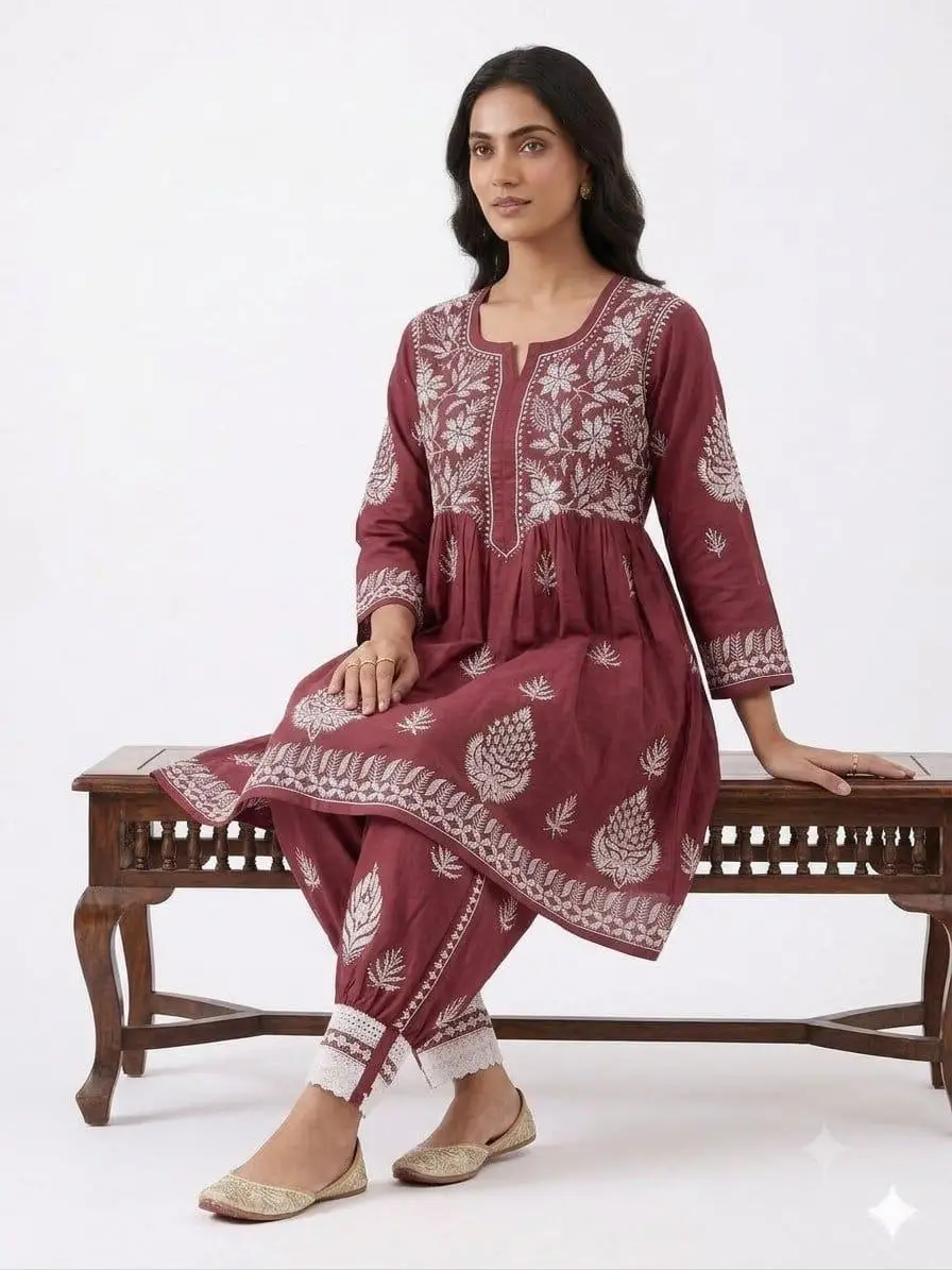 LCF CHIKAN EMBROIDERY MUSLIN AFGANI SET - MAROON view 3