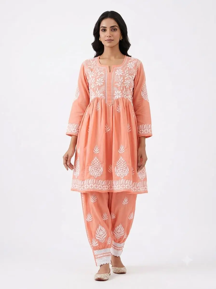 LCF CHIKAN EMBROIDERY MUSLIN AFGANI SET - PEACH