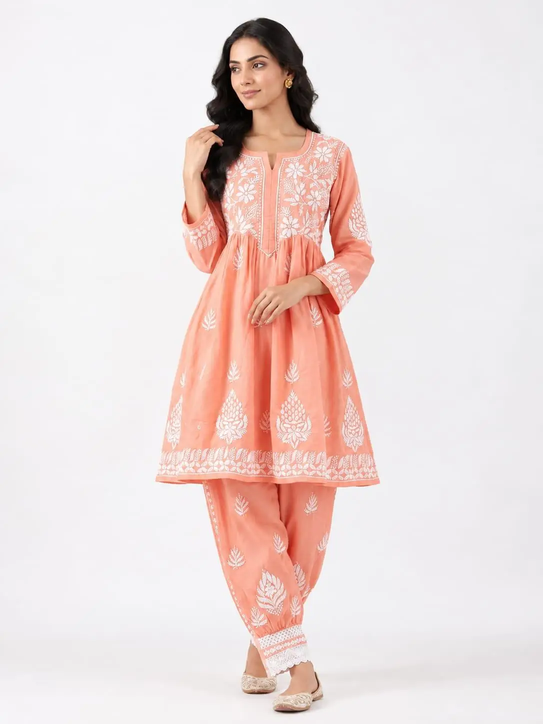 LCF CHIKAN EMBROIDERY MUSLIN AFGANI SET - PEACH view 2