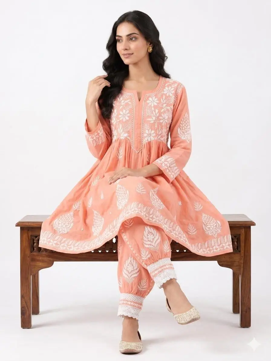 LCF CHIKAN EMBROIDERY MUSLIN AFGANI SET - PEACH view 3