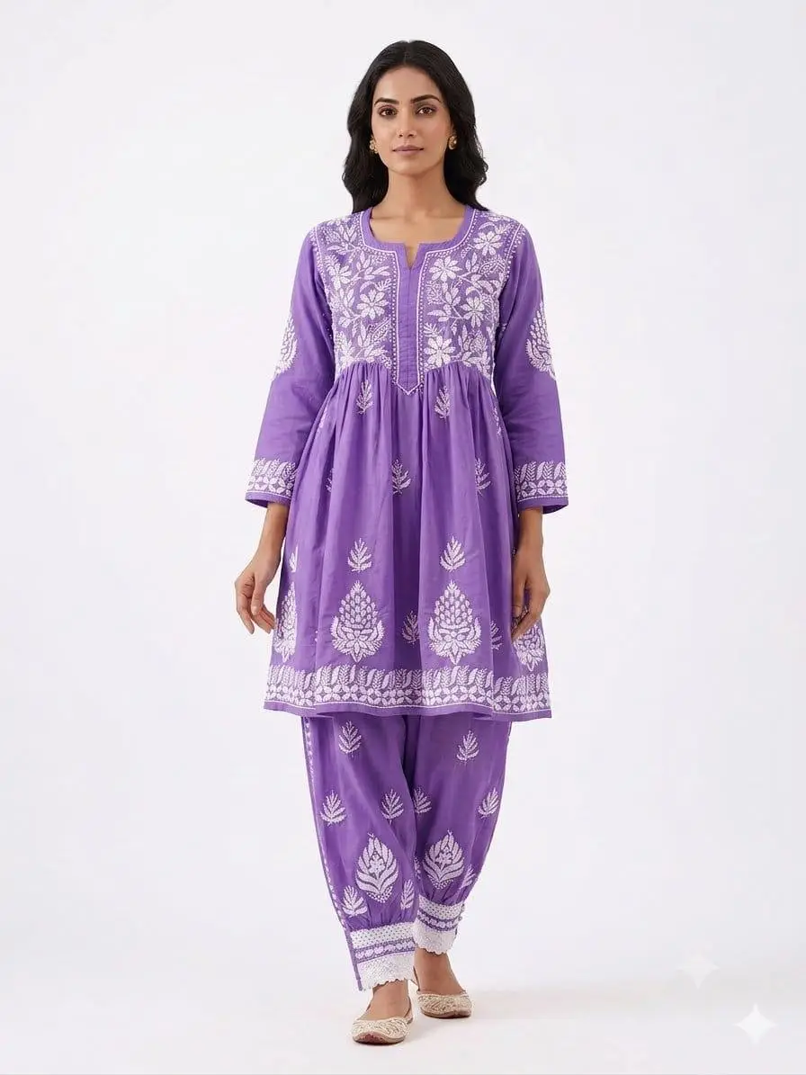 LCF CHIKAN EMBROIDERY MUSLIN AFGANI SET - PURPLE view 2