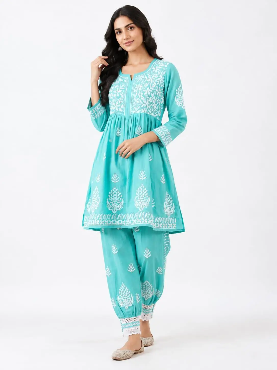 LCF CHIKAN EMBROIDERY MUSLIN AFGANI SET - TEA BLUE