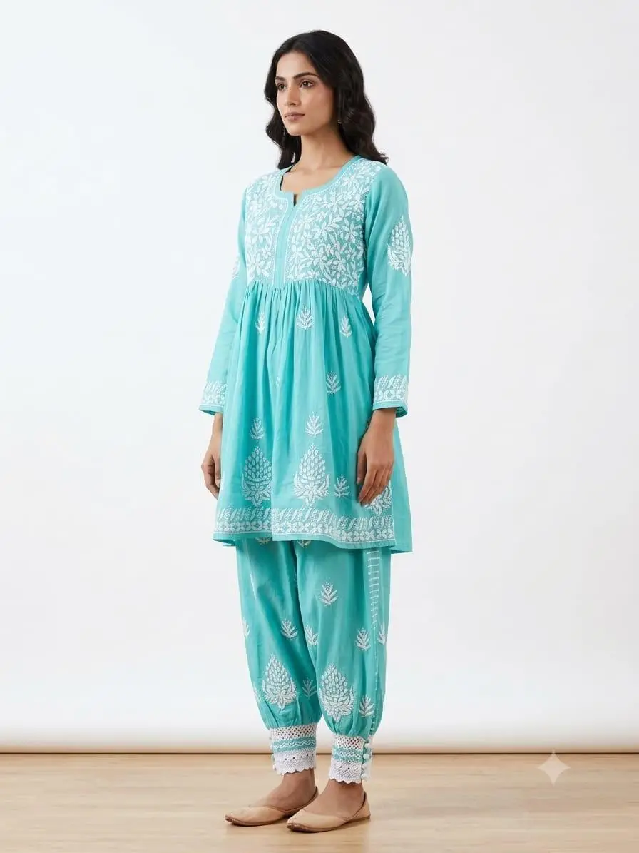 LCF CHIKAN EMBROIDERY MUSLIN AFGANI SET - TEA BLUE view 2