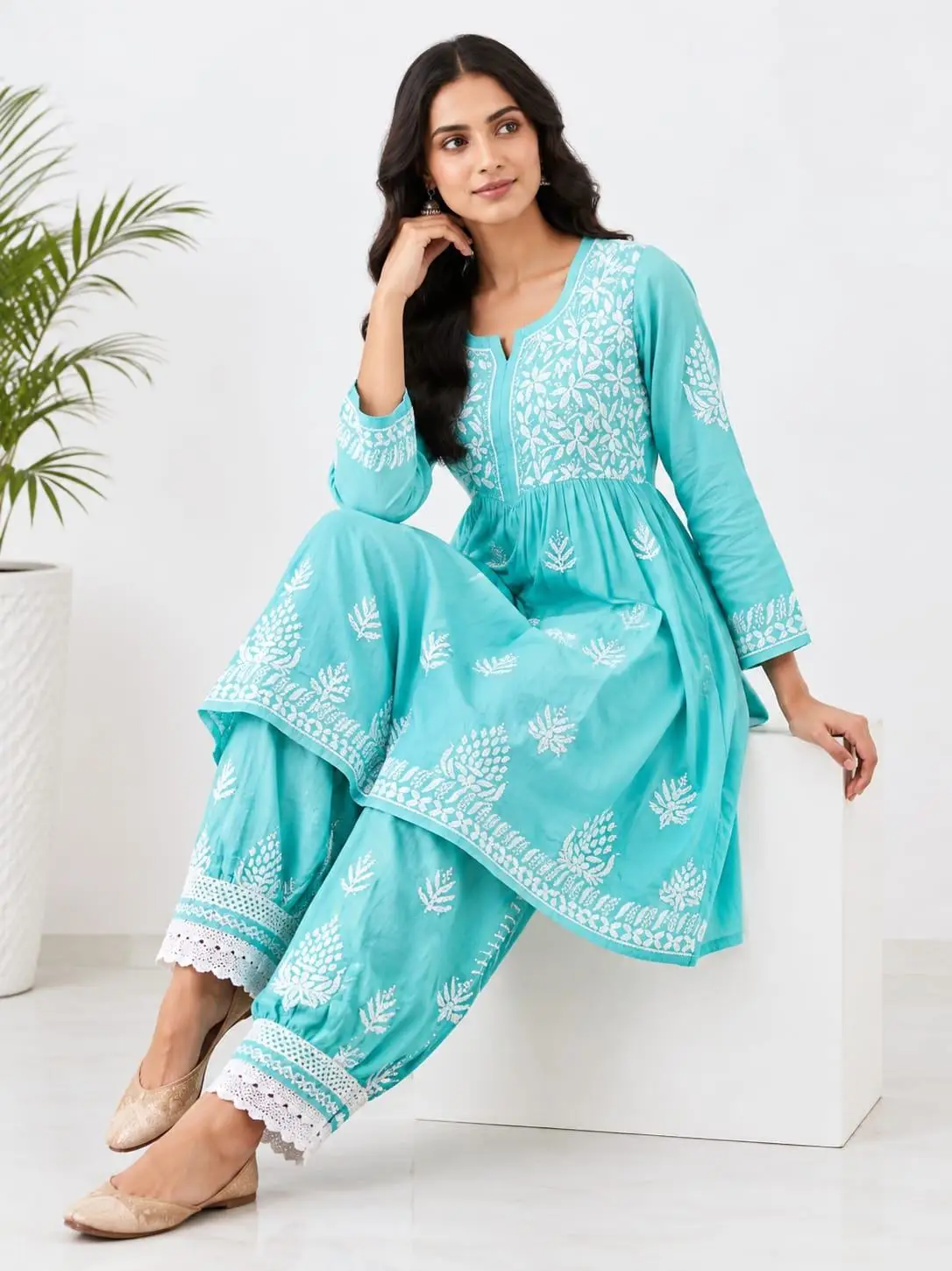 LCF CHIKAN EMBROIDERY MUSLIN AFGANI SET - TEA BLUE view 3