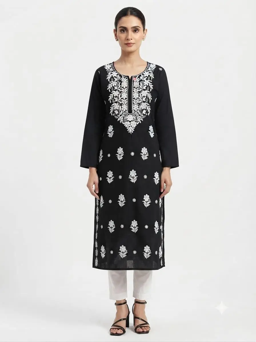 LCF CHIKAN EMBROIDERY PURE COTTON LONG KURTI - BLACK