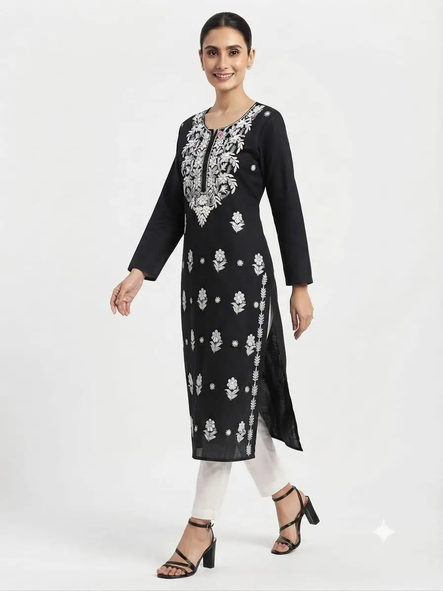 LCF CHIKAN EMBROIDERY PURE COTTON LONG KURTI - BLACK view 2