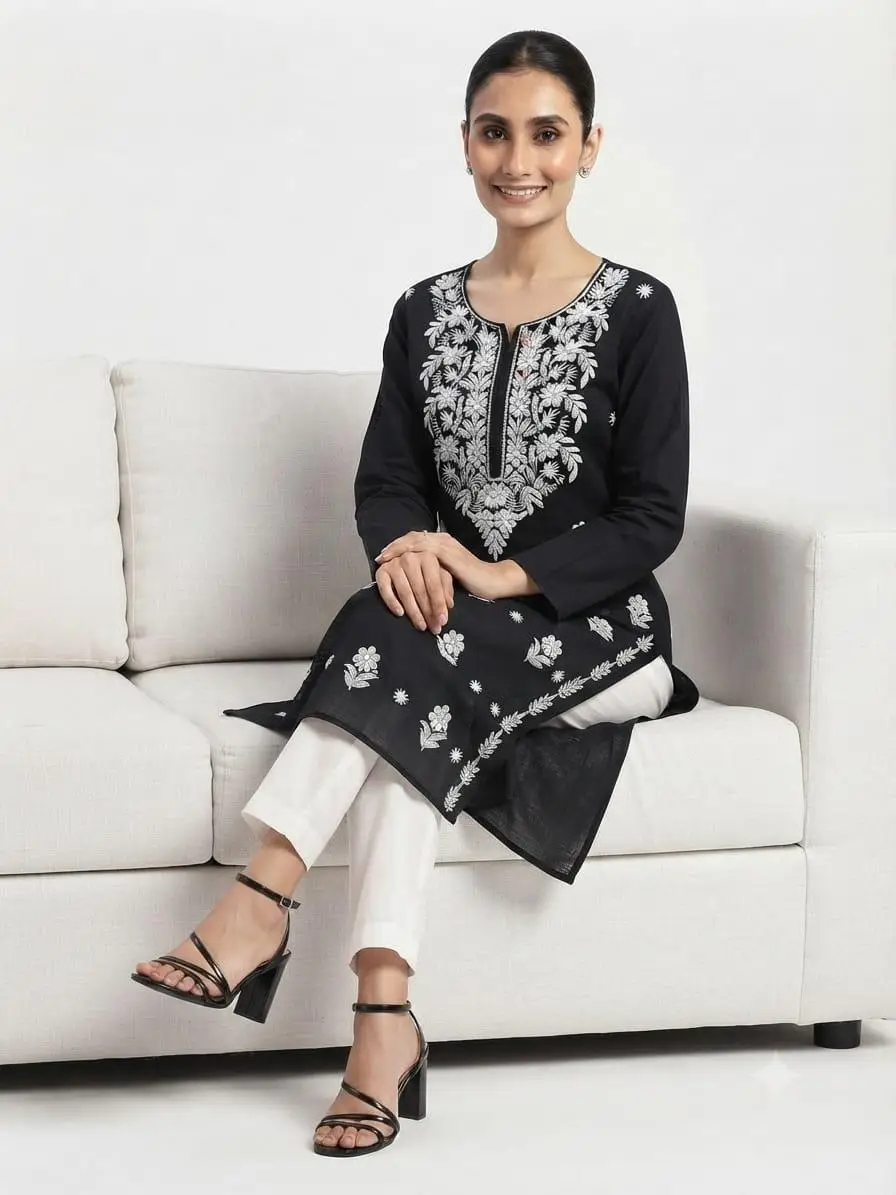 LCF CHIKAN EMBROIDERY PURE COTTON LONG KURTI - BLACK view 3