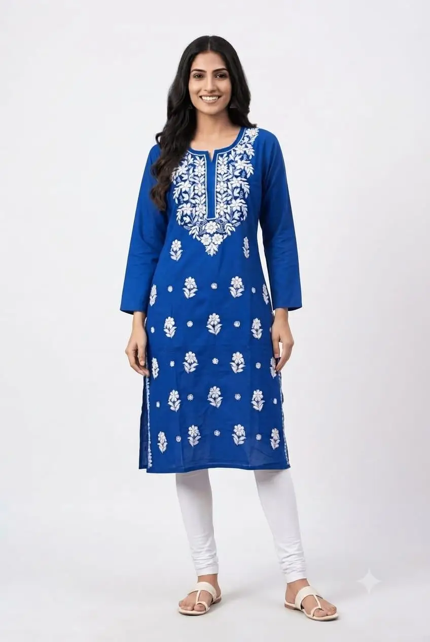 LCF CHIKAN EMBROIDERY PURE COTTON LONG KURTI - BLUE