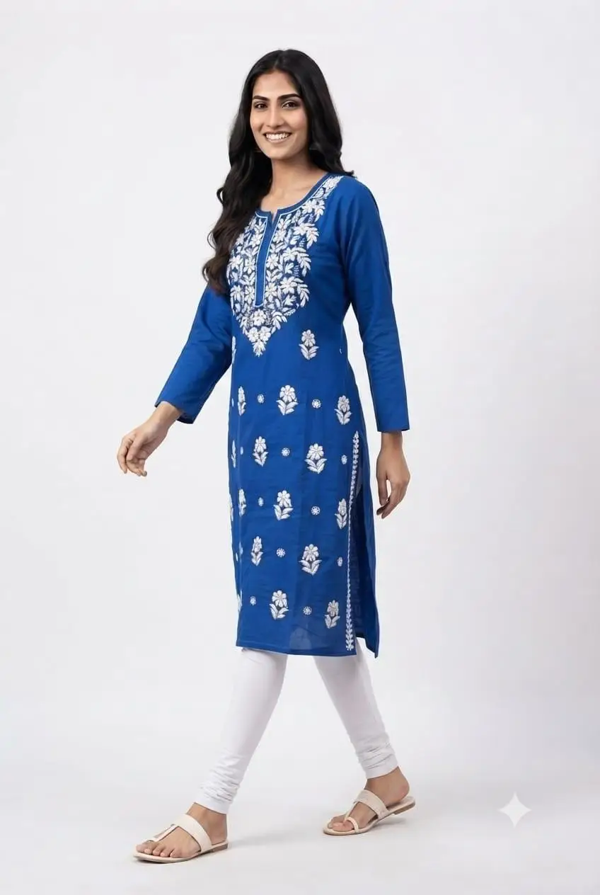 LCF CHIKAN EMBROIDERY PURE COTTON LONG KURTI - BLUE view 2
