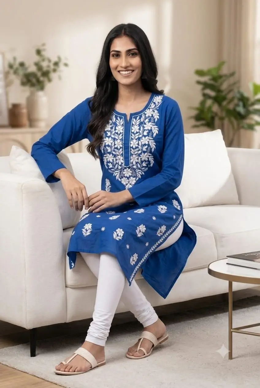 LCF CHIKAN EMBROIDERY PURE COTTON LONG KURTI - BLUE view 3
