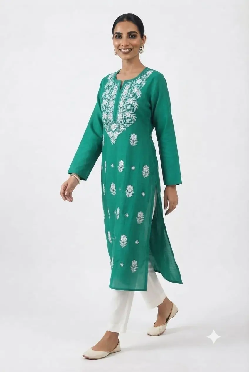 LCF CHIKAN EMBROIDERY PURE COTTON LONG KURTI - GREEN view 2