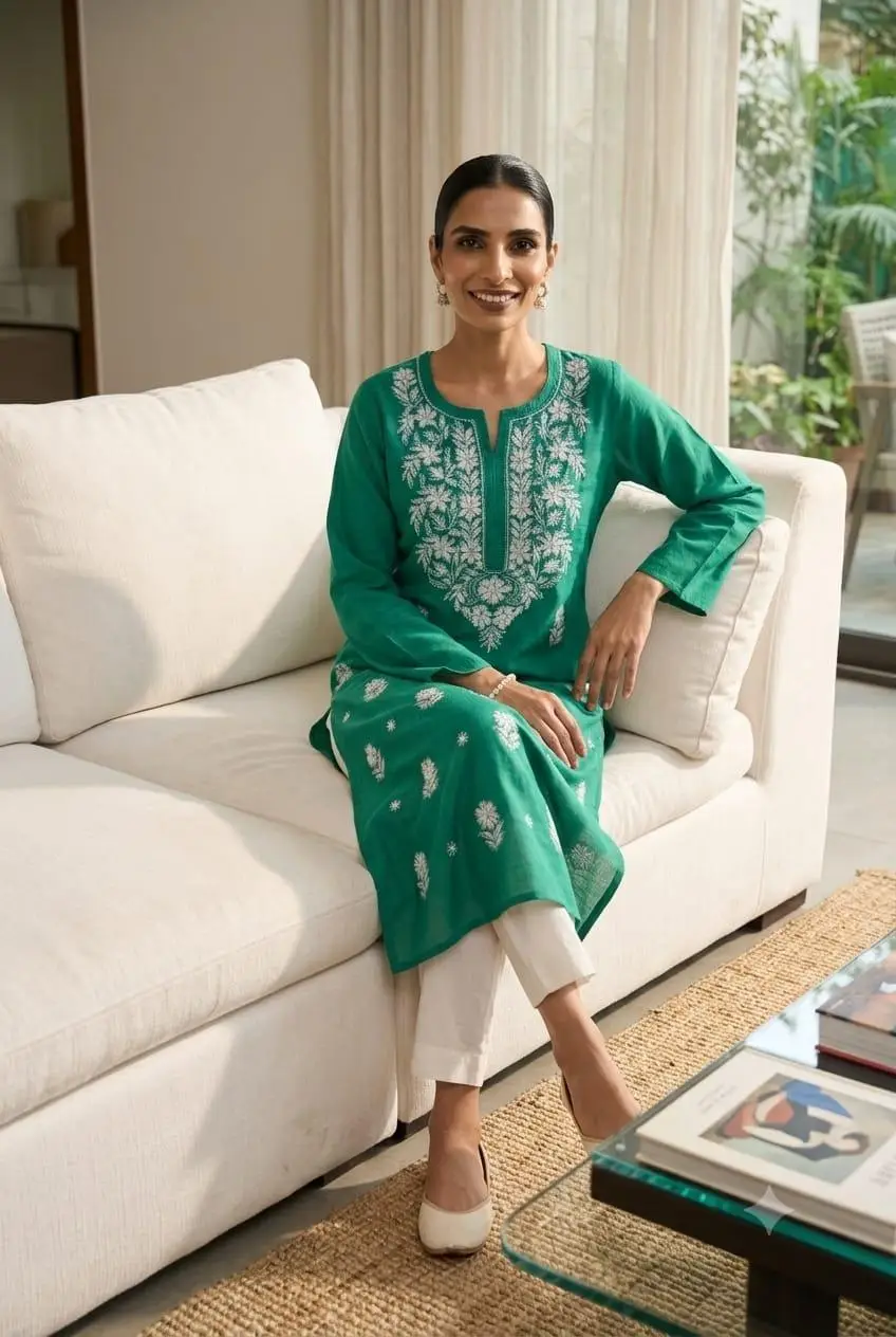 LCF CHIKAN EMBROIDERY PURE COTTON LONG KURTI - GREEN view 3