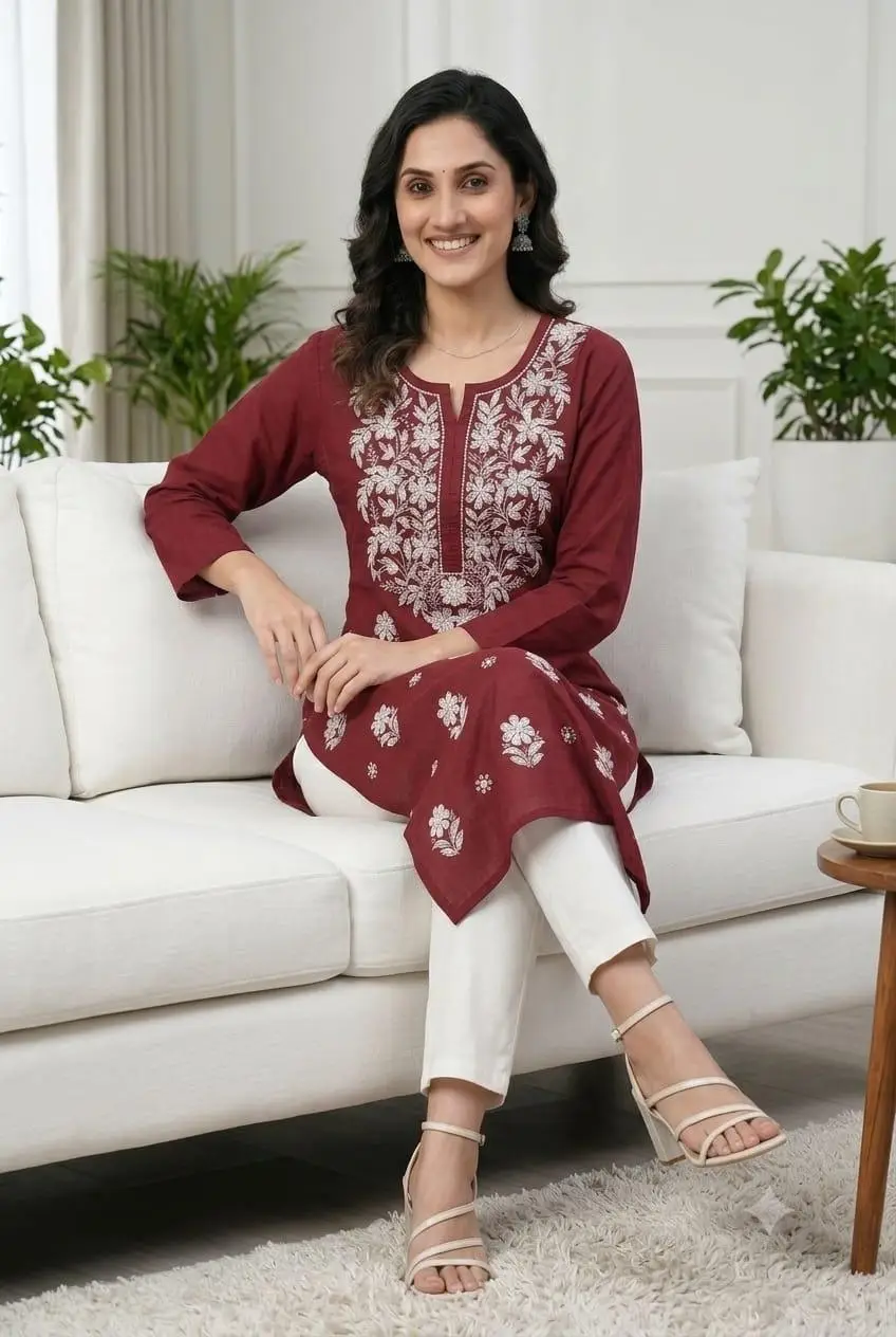 LCF CHIKAN EMBROIDERY PURE COTTON LONG KURTI - MAROON view 3
