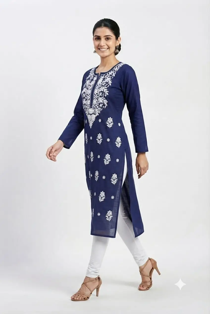 LCF CHIKAN EMBROIDERY PURE COTTON LONG KURTI - NAVY BLUE view 2