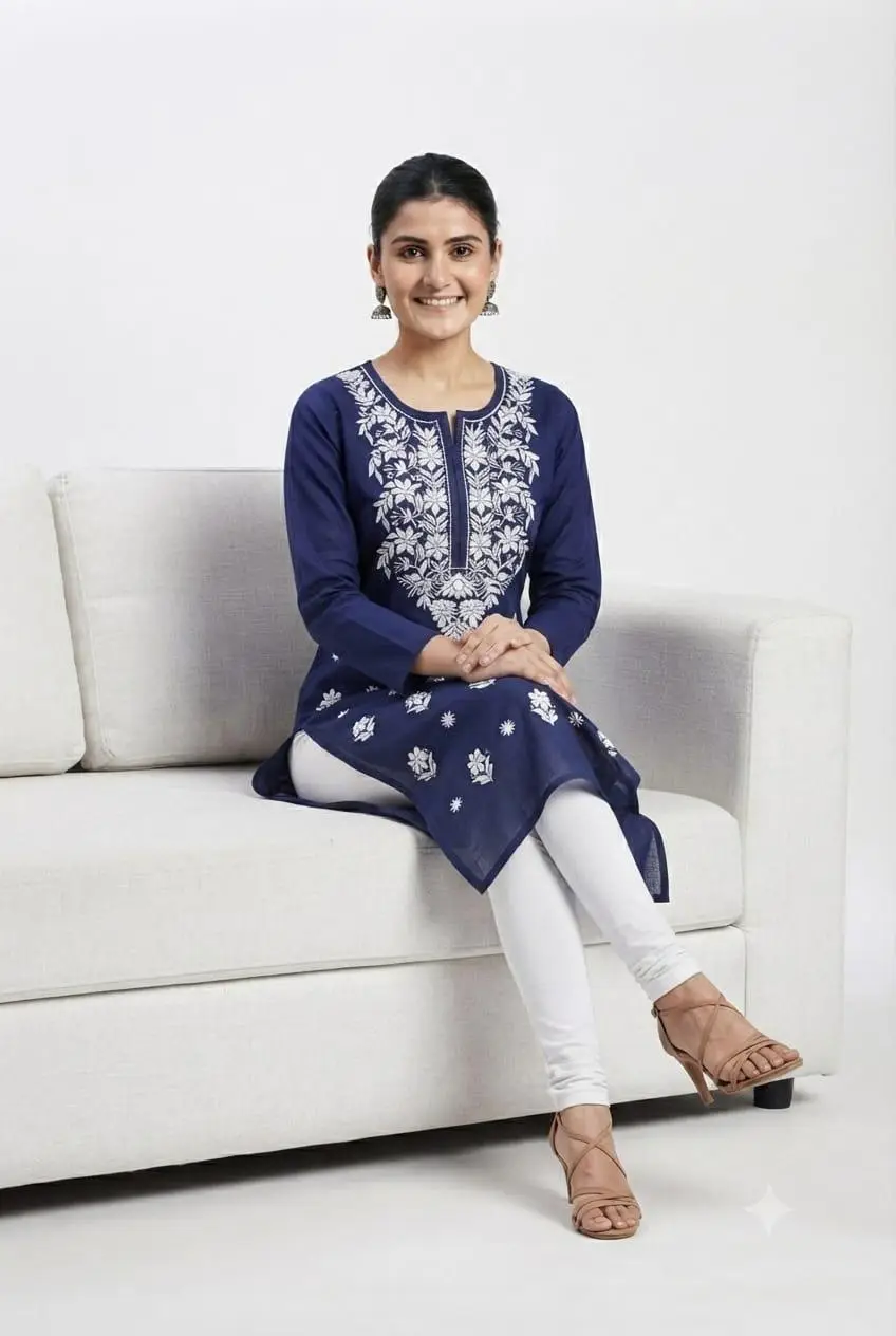 LCF CHIKAN EMBROIDERY PURE COTTON LONG KURTI - NAVY BLUE view 3