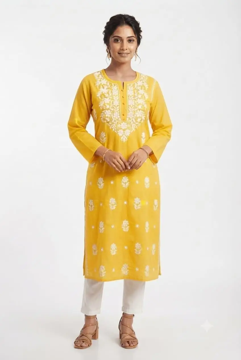 LCF CHIKAN EMBROIDERY PURE COTTON LONG KURTI - YELLOW view 2