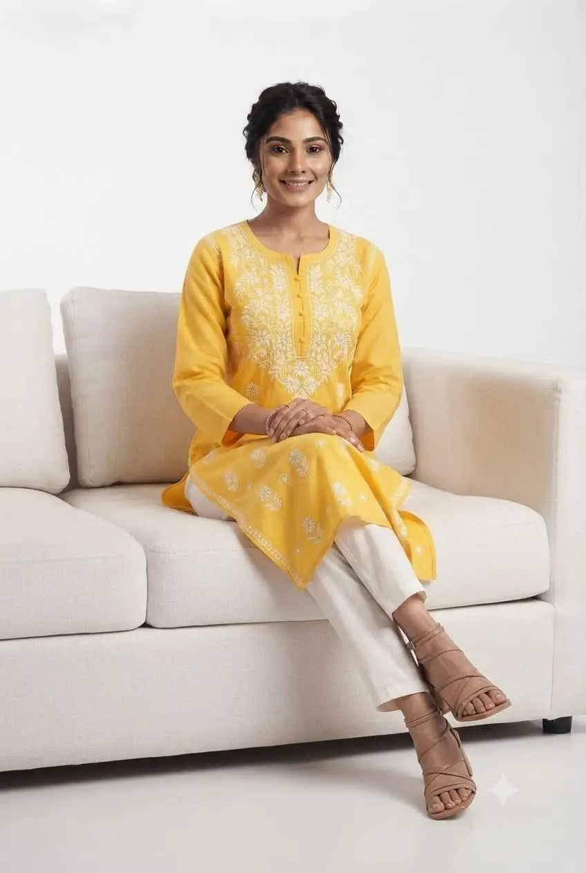 LCF CHIKAN EMBROIDERY PURE COTTON LONG KURTI - YELLOW view 3