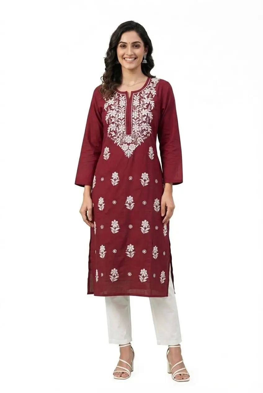 LCF CHIKAN EMBROIDERY PURE COTTON LONG KURTI - MAROON