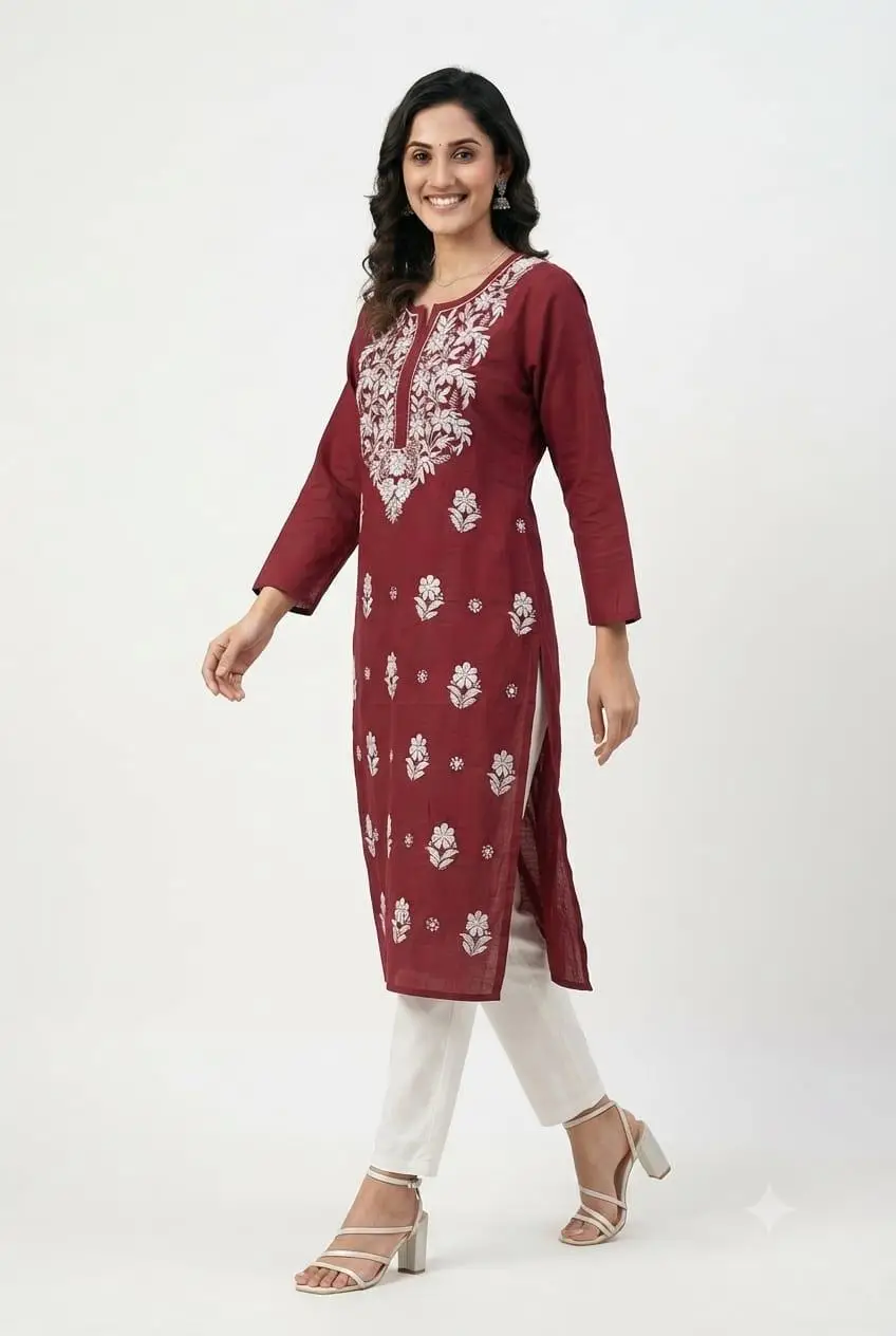 LCF CHIKAN EMBROIDERY PURE COTTON LONG KURTI - MAROON view 2