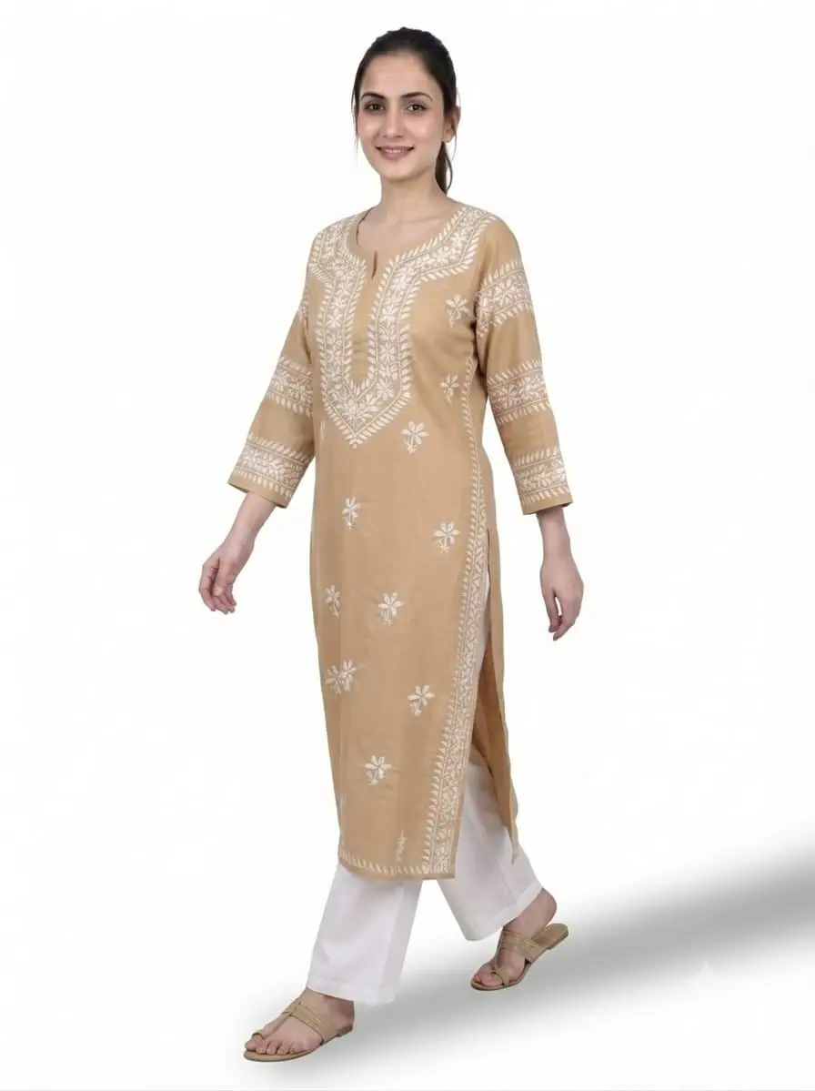 LCF CHIKAN EMBROIDERY LONG KURTI MUSLIN SILK - BEIGH