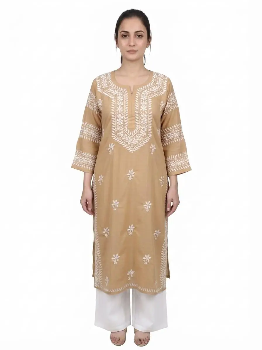 LCF CHIKAN EMBROIDERY LONG KURTI MUSLIN SILK - BEIGH view 2