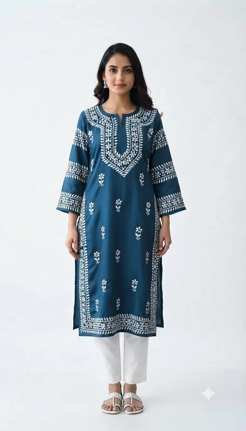 LCF CHIKAN EMBROIDERY LONG KURTI MUSLIN SILK - BLUE