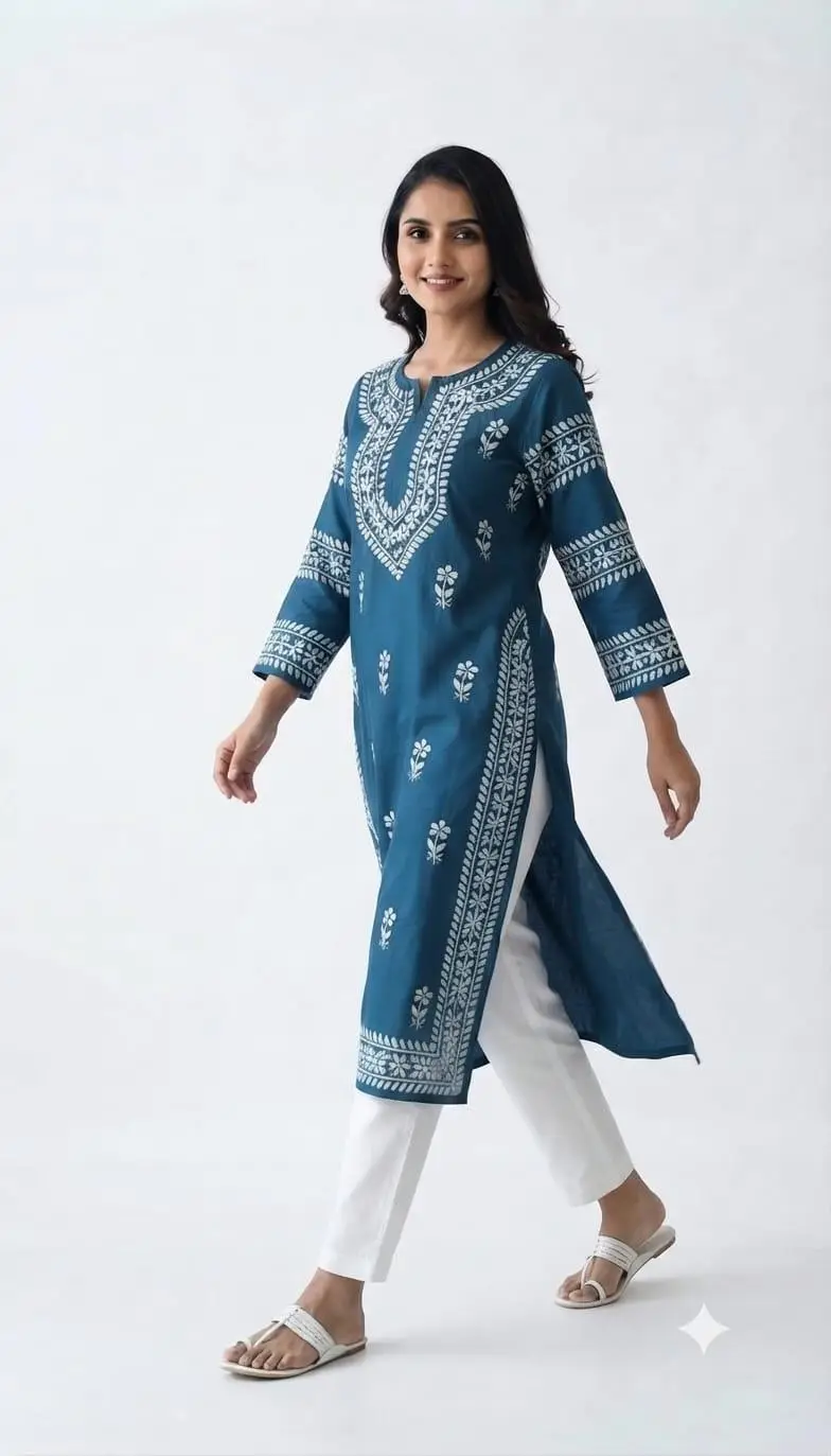 LCF CHIKAN EMBROIDERY LONG KURTI MUSLIN SILK - BLUE view 2