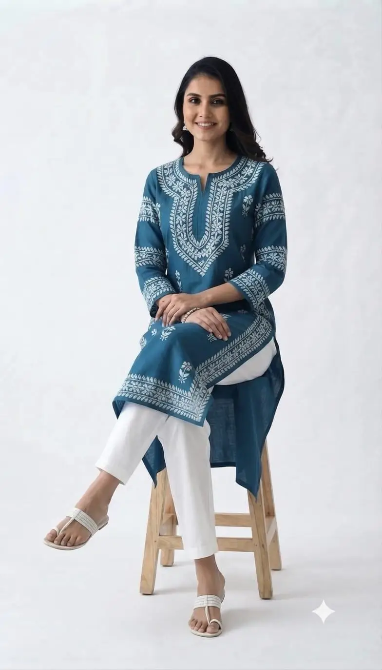 LCF CHIKAN EMBROIDERY LONG KURTI MUSLIN SILK - BLUE view 3