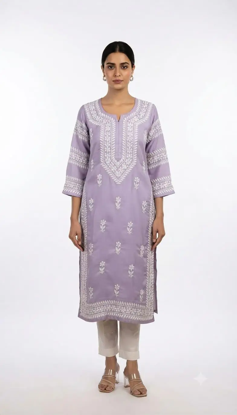 LCF CHIKAN EMBROIDERY LONG KURTI MUSLIN SILK - LAVENDER