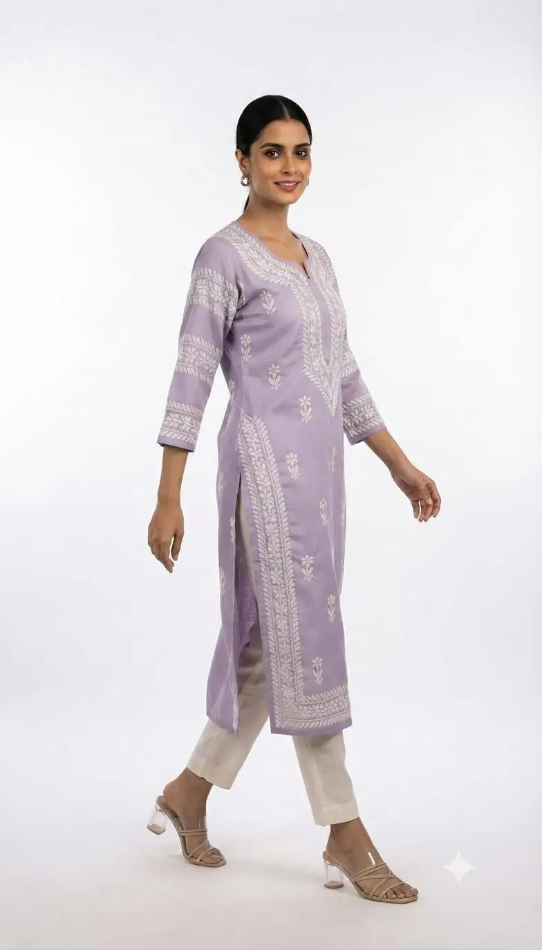 LCF CHIKAN EMBROIDERY LONG KURTI MUSLIN SILK - LAVENDER view 2
