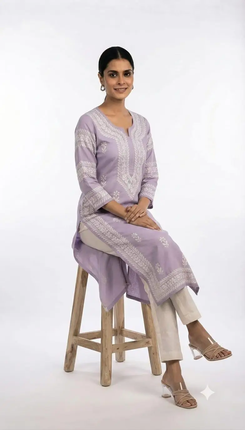 LCF CHIKAN EMBROIDERY LONG KURTI MUSLIN SILK - LAVENDER view 3