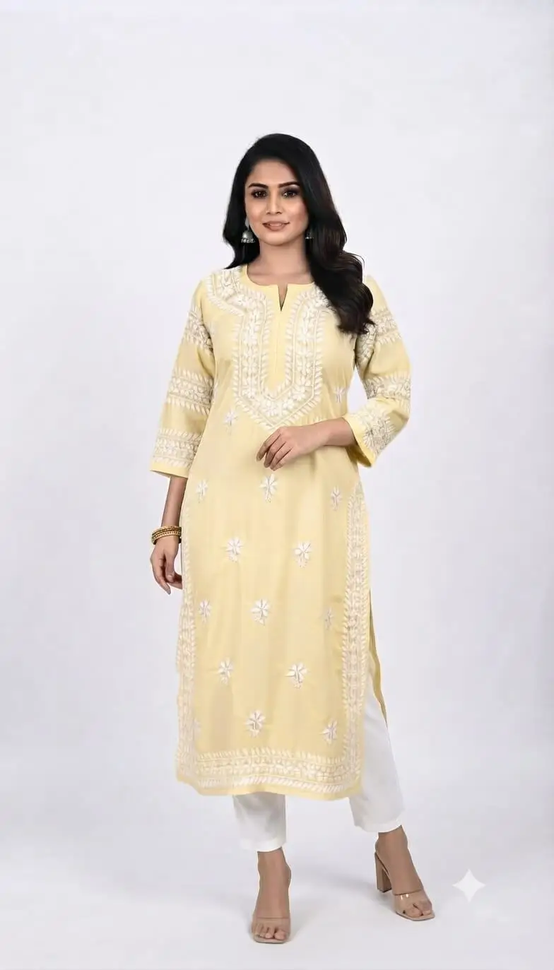 LCF CHIKAN EMBROIDERY LONG KURTI MUSLIN SILK - LEMON YELLOW