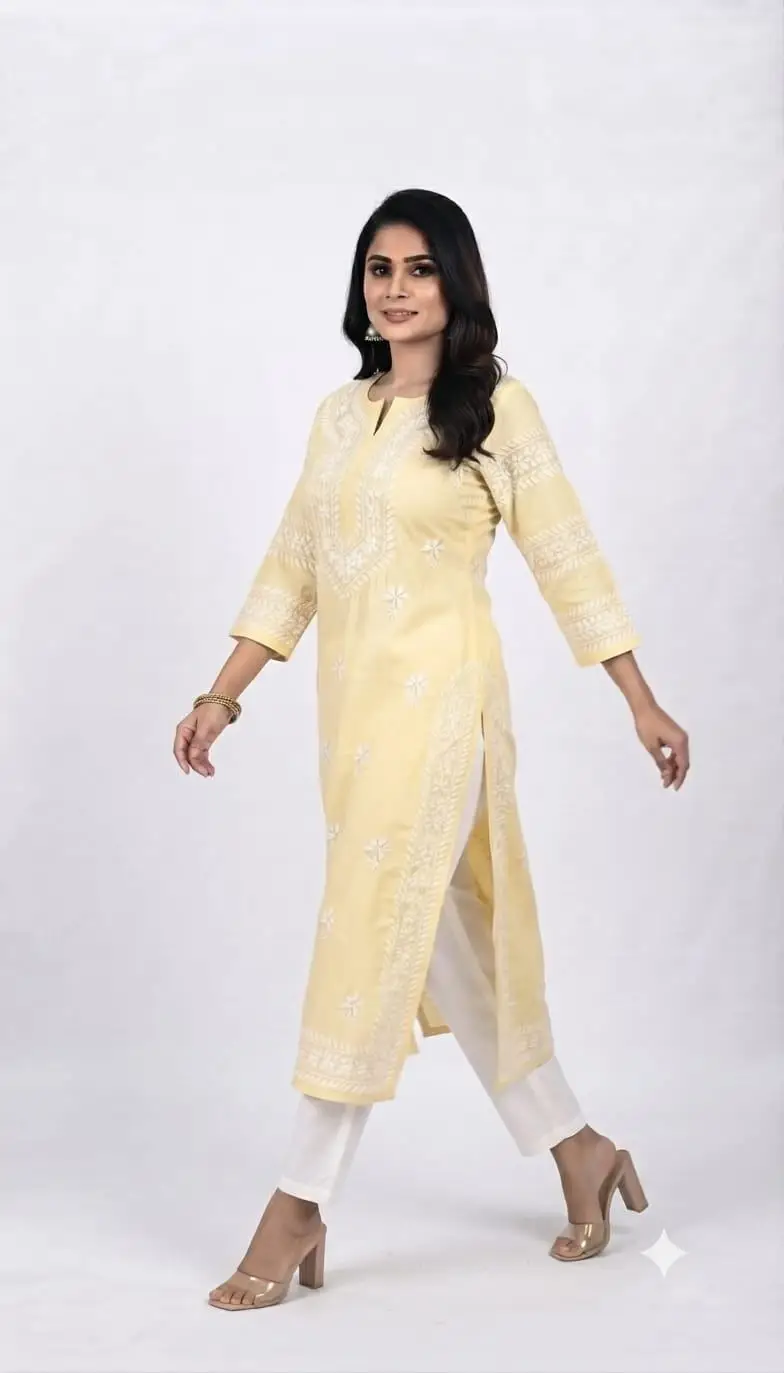 LCF CHIKAN EMBROIDERY LONG KURTI MUSLIN SILK - LEMON YELLOW view 2