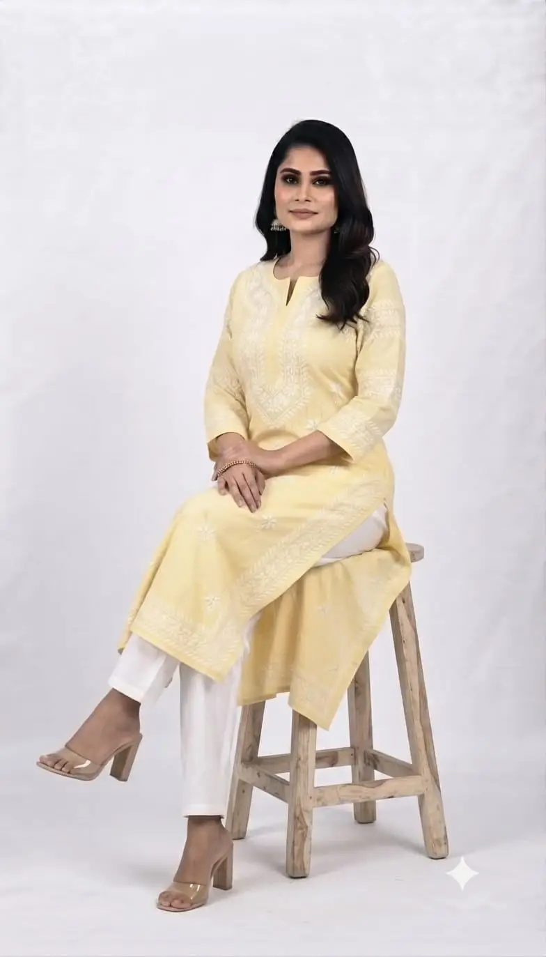 LCF CHIKAN EMBROIDERY LONG KURTI MUSLIN SILK - LEMON YELLOW view 3