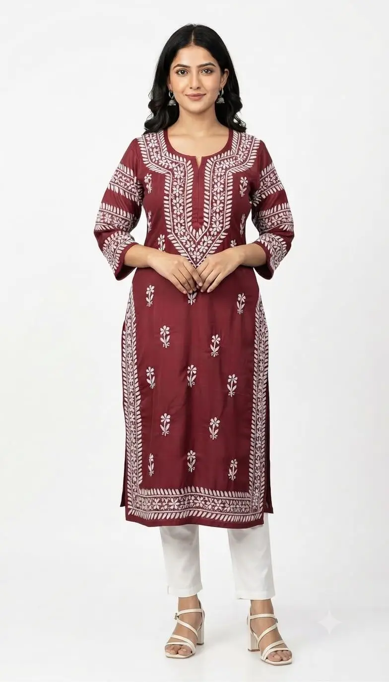 LCF CHIKAN EMBROIDERY LONG KURTI MUSLIN SILK - MAROON