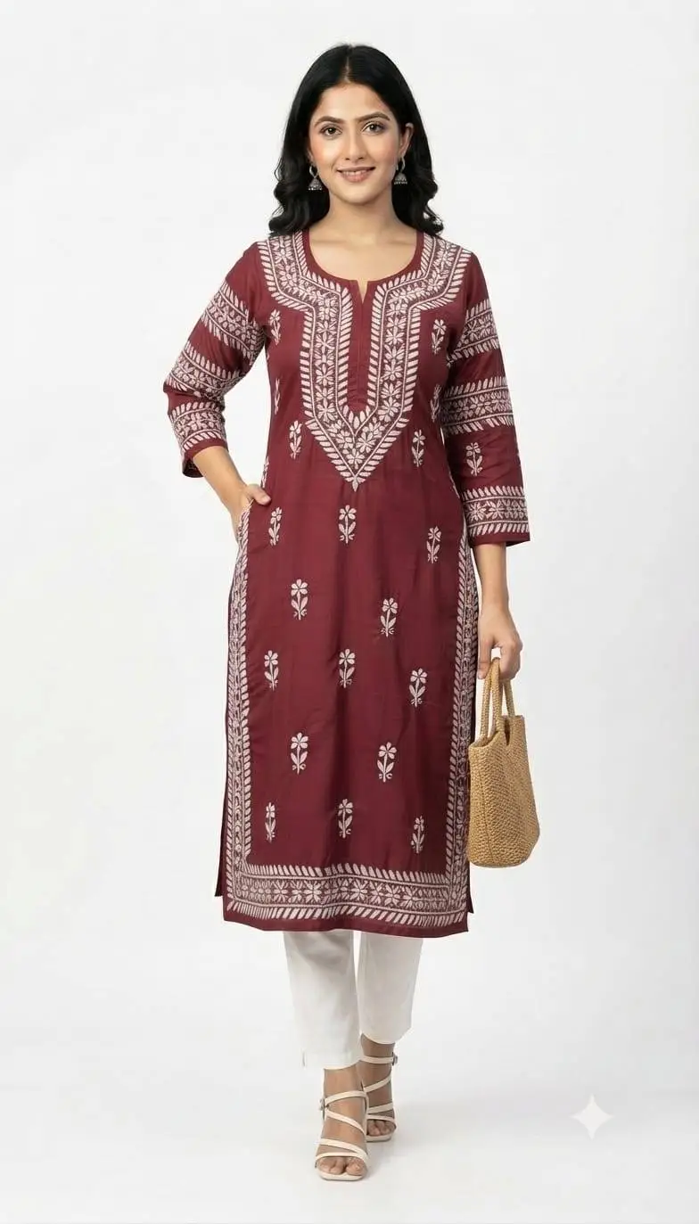 LCF CHIKAN EMBROIDERY LONG KURTI MUSLIN SILK - MAROON view 2