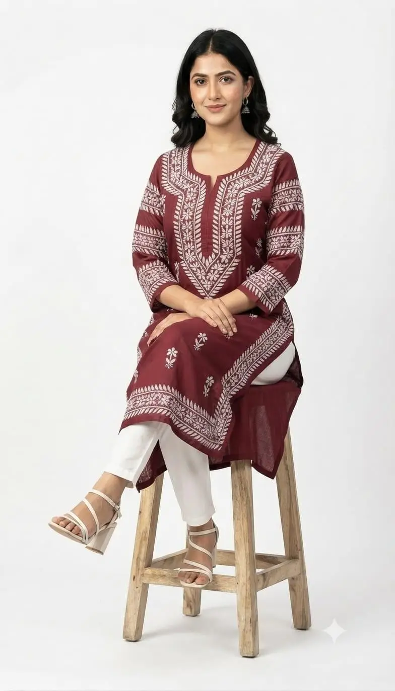 LCF CHIKAN EMBROIDERY LONG KURTI MUSLIN SILK - MAROON view 3