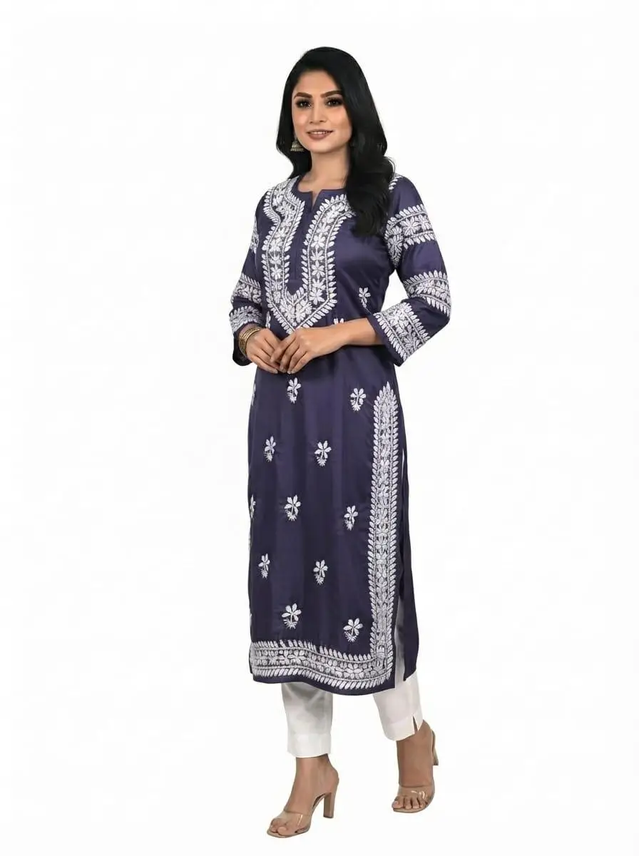 LCF CHIKAN EMBROIDERY LONG KURTI MUSLIN SILK - NAVY BLUE view 2