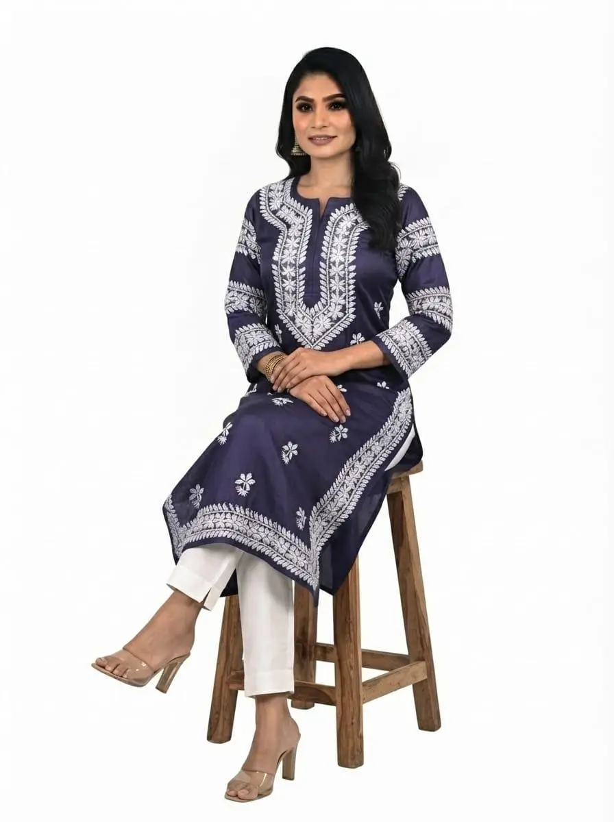LCF CHIKAN EMBROIDERY LONG KURTI MUSLIN SILK - NAVY BLUE view 3